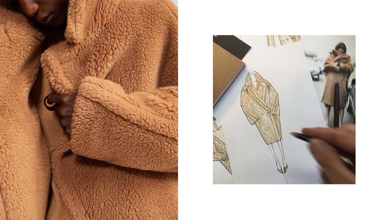 Détail du manteau iconique Teddy Bear de Max Mara couleur chameau avec croquis créatif du manteau Teddy Bear.